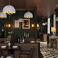 Elegant Modern Restaurant Interior With Chandeliers Decorative Paintings And Dark Green Walls