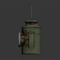 Green Rusted Old Lantern With Round Yellow Light Panel Square Handle And Dark Background Reflection 3d model