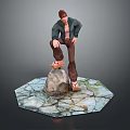 Man in green jacket brown pants standing one foot on rock on hexagonal cracked platform