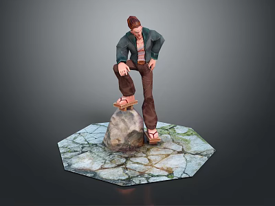 Man in green jacket brown pants standing one foot on rock on hexagonal cracked platform 3d model
