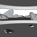 Reptile Turtle Moving Through Cold Water Among Icebergs And Penguins