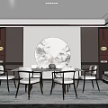 Chinese Style Dining Room Interior With Round Landscape Painting Dining Table And Chairs