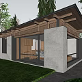 Modern Detached Villa With Wooden Roof Large Glass Windows Garden Courtyard And Green Vegetation