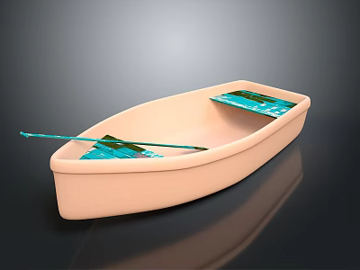 3D Model Light Pink Small Boat With Blue Seats Green Paddle And Reflective Surface 3d model