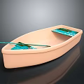 3D Model Light Pink Small Boat With Blue Seats Green Paddle And Reflective Surface