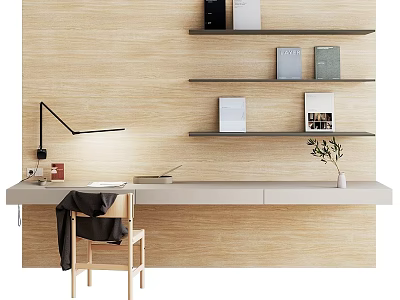 Minimalist Wooden Desk Setup With Floating Shelves Books Lamp And Chair 3d model