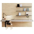 Minimalist Wooden Desk Setup With Floating Shelves Books Lamp And Chair