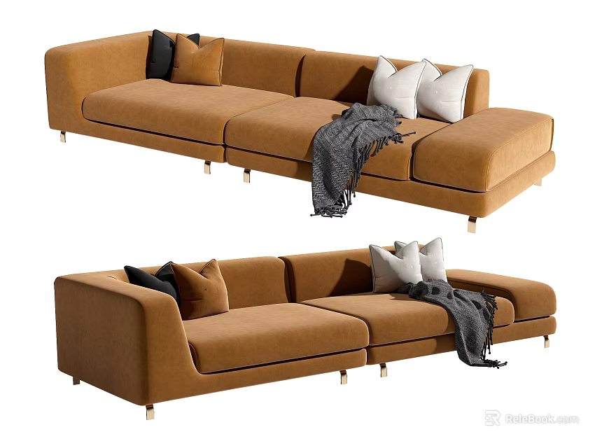 Modern Taupe Sectional Sofa with Black White Pillows Gray Throw Blanket and Metal Legs 3d model 
