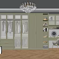 Modern Walk In Closet With Light Green Cabinets Glass Doors Chandelier And Herringbone Floor