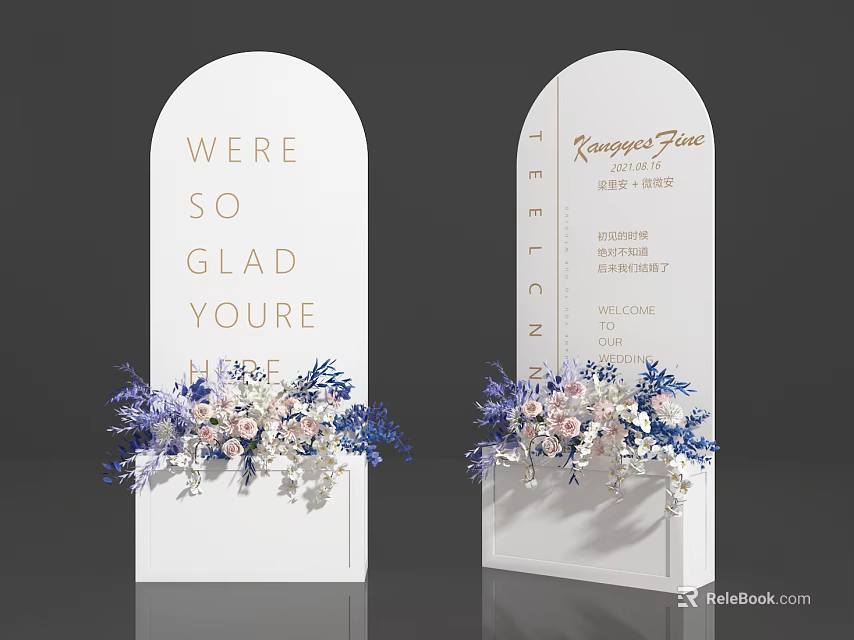 Floral Installation For Event Welcome Signs With White Arch Design And Blue White Flowers 3d model 