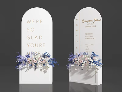 Floral Installation For Event Welcome Signs With White Arch Design And Blue White Flowers 3d model