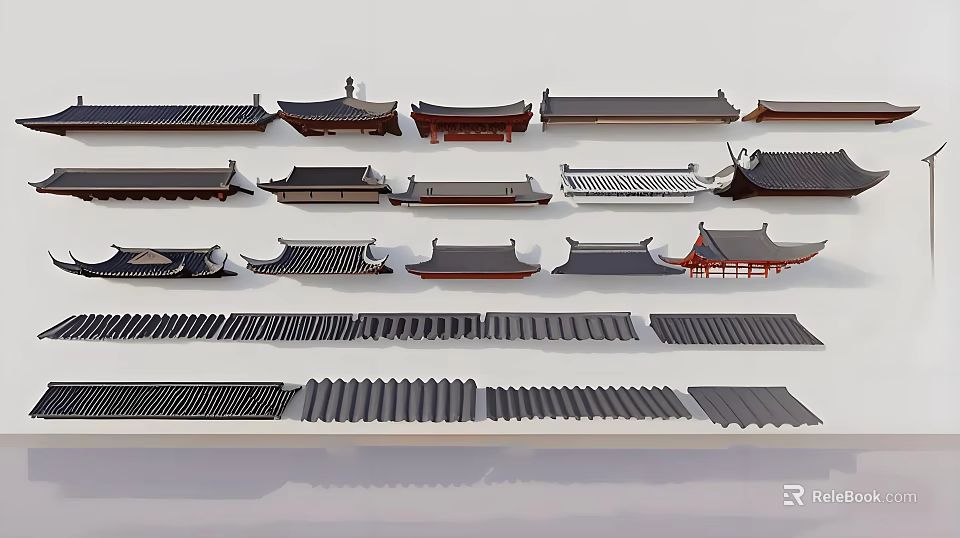 Rooftop Garden Showcasing Various Traditional Roof Tile Styles And Structures 3d model 