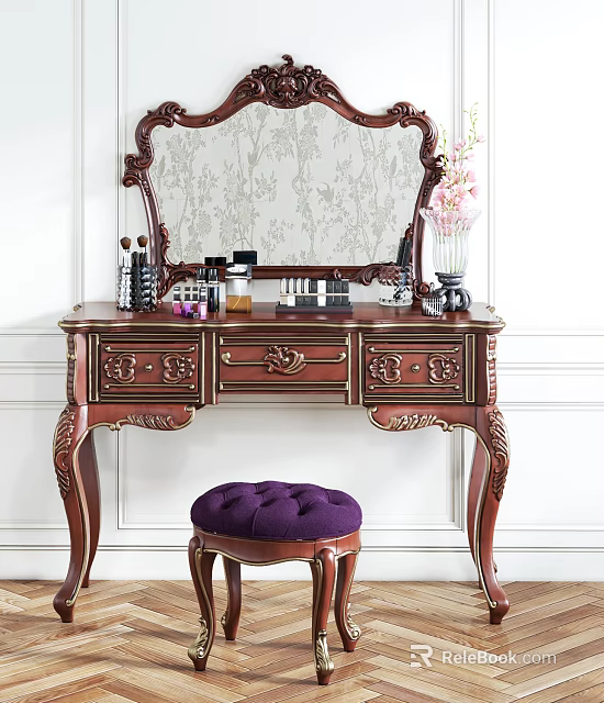 Ornate Vintage Dressing Table With Carved Drawers Mirror Purple Stool And Decorative Items 3d model 