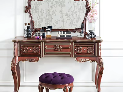 Ornate Vintage Dressing Table With Carved Drawers Mirror Purple Stool And Decorative Items 3d model