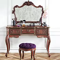 Ornate Vintage Dressing Table With Carved Drawers Mirror Purple Stool And Decorative Items