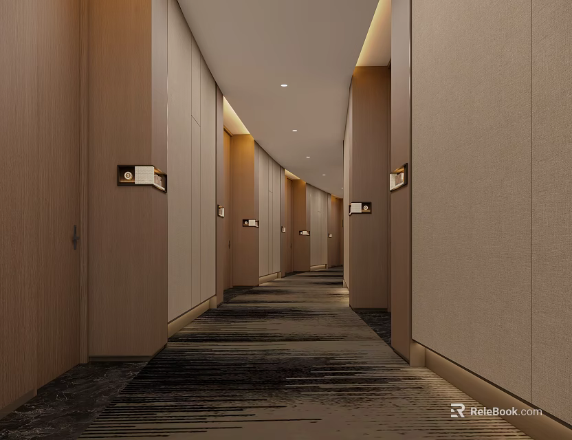 Modern Luxury Hotel Corridor Interior Design With Warm Ambient Lighting And Textured Wall Panels 3d model 
