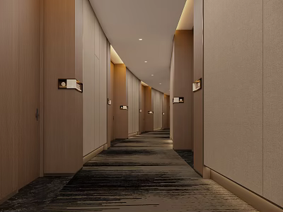 Modern Luxury Hotel Corridor Interior Design With Warm Ambient Lighting And Textured Wall Panels 3d model
