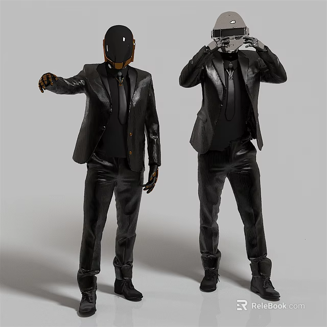 Men in black leather jackets black pants and black shoes posing for fashion model look 3d model 