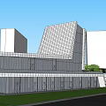 Modern Office Building With Abstract Geometric Design Glass Curtain Wall And Greenery
