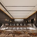 Modern Banquet Hall Interior With Long Tables Chairs And Decorative Carpets