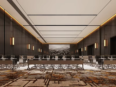 Modern Banquet Hall Interior With Long Tables Chairs And Decorative Carpets 3d model