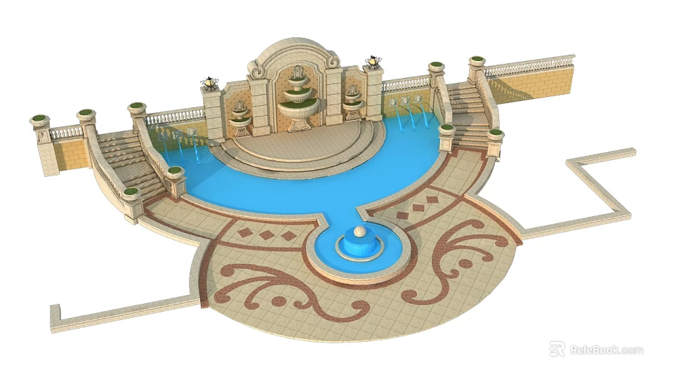Garden Ornament Design Featuring Central Fountain Surrounding Pool Intricate Patterns And Decorative Steps 3d model 