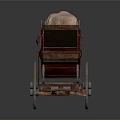 Vintage Red Carriage with Four Large Wheels Light Colored Roof Cover and Retro Decorative Details