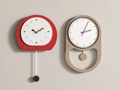 Two Modern Red And Brown Wall Clocks With Pendulum And Minimalist White Dials For Home Decor 3d model