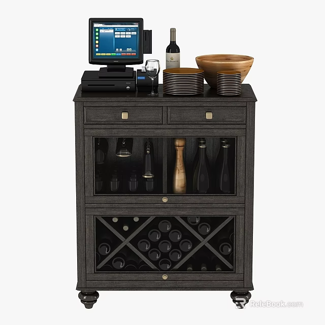 Modern Commercial Bar Cabinet With Monitor Wine Bottles Glasses And Wine Rack 3d model 