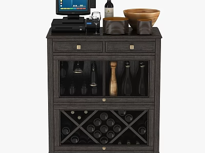 Modern Commercial Bar Cabinet With Monitor Wine Bottles Glasses And Wine Rack 3d model