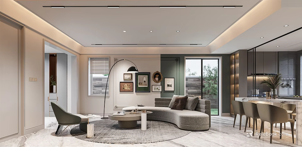 Modern Living Dining Room Interior With Curved Sofa Floor Lamp Coffee Table and Wall Art 3d model 