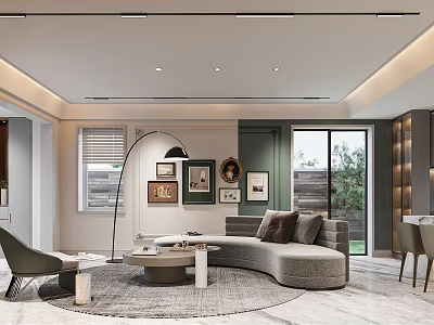 Modern Living Dining Room Interior With Curved Sofa Floor Lamp Coffee Table and Wall Art 3d model