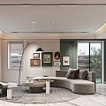 Modern Living Dining Room Interior With Curved Sofa Floor Lamp Coffee Table and Wall Art