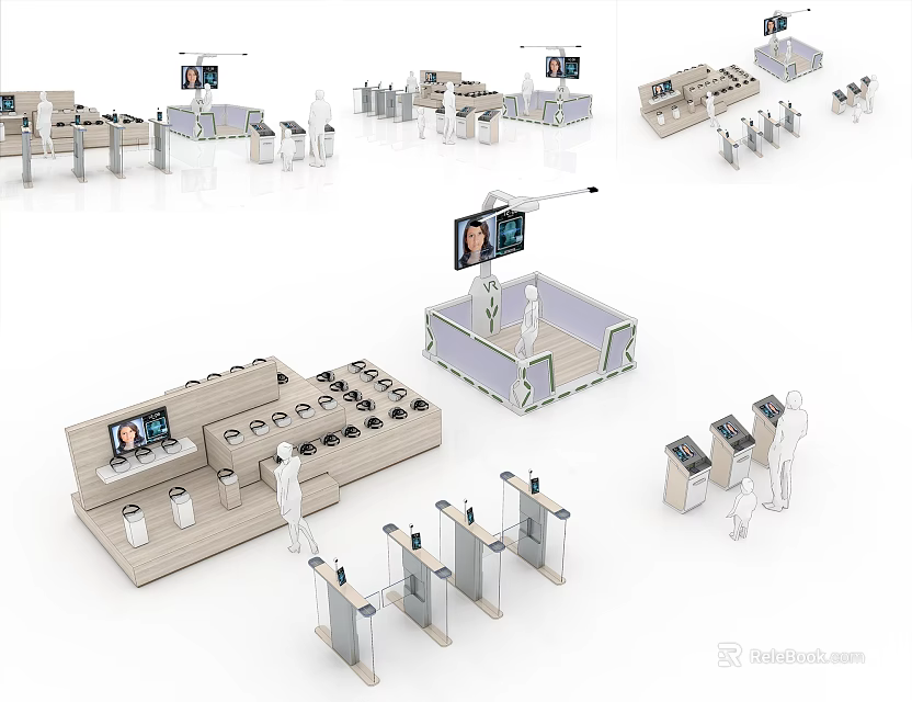 Display Equipment Setup With Showroom Counters Digital Screens Human Figures And Self Service Devices 3d model 
