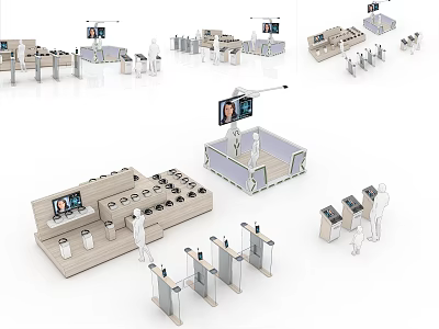 Display Equipment Setup With Showroom Counters Digital Screens Human Figures And Self Service Devices 3d model