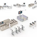 Display Equipment Setup With Showroom Counters Digital Screens Human Figures And Self Service Devices