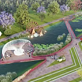 Scenic Park Landscape With Lush Green Lawns Tall Trees White Arch Water Wheel And Pond