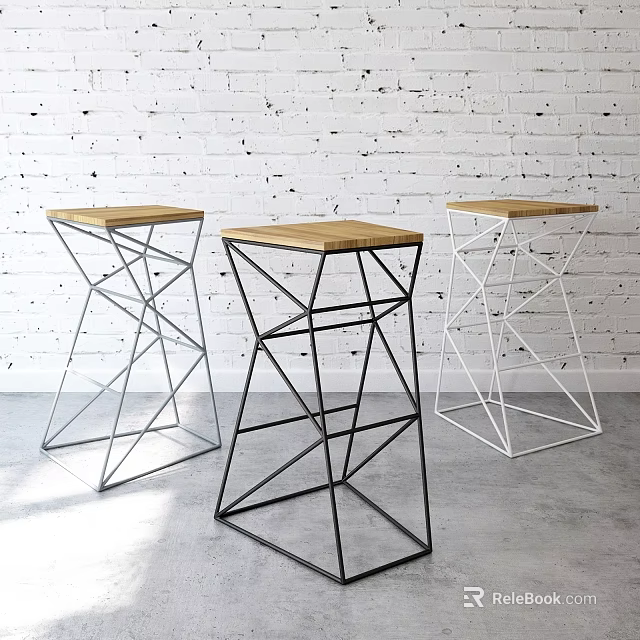 Modern Geometric Bar Stools With Metal Frames And Wooden Seats Against Brick Wall 3d model 
