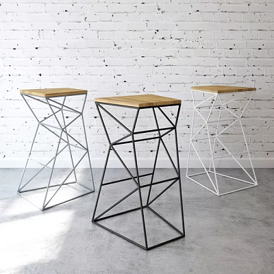 Modern Geometric Bar Stools With Metal Frames And Wooden Seats Against Brick Wall 3d model