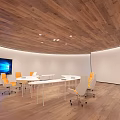 Modern Conference Room With Circular Wooden Ceiling White Table Orange Rolling Chairs And Large Screen