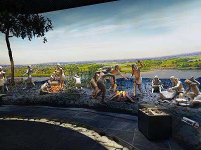 Cultural Center Traditional Life Scene Exhibition With Statues Bonfire Trees River And Green Fields 3d model