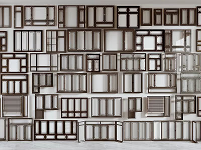 Various Wooden Window Frames With Different Designs Arranged On Wall 3d model