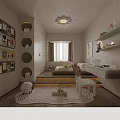 Kids Room Interior Design With Circular Wall Shelves Toys Rug Chandelier Window And Curtains