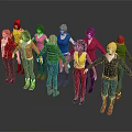 Group of 3D Character Models Wearing Colorful Outfits with Various Hairstyles and Poses