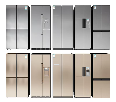 Various Styles of Refrigerators and Freezers in Stainless Steel and Golden Colors for Home Kitchen 3d model