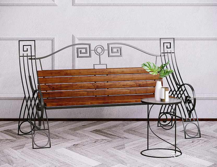 Decorative Outdoor Bench With Wooden Slat Seat Metal Frame And Small Table With Green Plant 3d model 