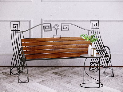 Decorative Outdoor Bench With Wooden Slat Seat Metal Frame And Small Table With Green Plant 3d model