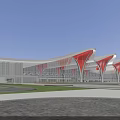 Modern Railway Station Exterior With Red And White Wavy Roof And Plaza Steps