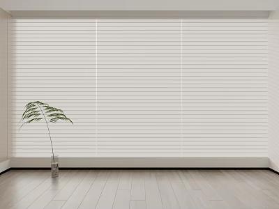White Slatted Window Blinds in Modern Interior with Wooden Floor and Green Plant Vase 3d model