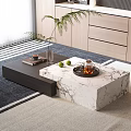 Modern Coffee Table With Marble And Wooden Top Tray Cup Green Apples Plant On Rug